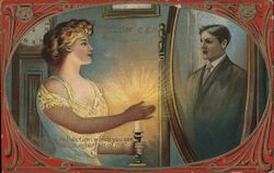 Woman looking into the mirror seeing a man's reflection. Postcard
