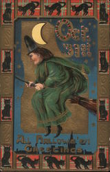 Moon Witch Oct 31st All Halloween Greetings Cats Postcard