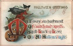Halloween Greetings - Witch and pumpkins Postcard