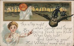 This is The night when Spooks and Things Are Trailing round, you Know! When Owls hoot! Halloween Postcard Postcard Postcard