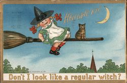 Little Girl in Witch's Hat Rides Broom with Cat, Halloween, Don't I Look Like a Regular Witch? Postcard