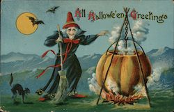 All Halloween Greetings-Witch with broom, black cat, pumpkin cauldron over fire, full moon Postcard