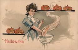 Woman With Jack O'Lantern's on Shelves Postcard