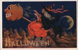Witch riding a broomstick with a pumpkin head Cat, Crescent moon Postcard