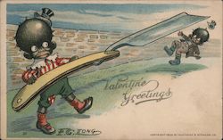 Black Children, One Swinging Giant Razor, Valentine Greetings Postcard