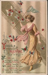 Woman with a net catching hearts with wings Postcard