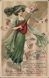 Valentine's Plea - Woman Playing Lute in Front of Winged Letters with a Poem Women Postcard Postcard Postcard
