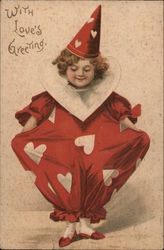With Love's Greeting - Child in Clown Outfit Covered in Hearts Postcard