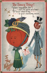The Saucy Thing Tomato headed woman and cranberry headed man Postcard