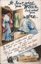 Closet full of clothes, hats, and a pair of shoes Postcard