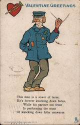 Valentine Greetings, Cartoon Man, heart with crutch in the corner Postcard