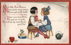 Couple sitting on stools, with a pie and a kettle Postcard