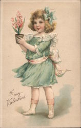 Little Girl Holding Potted Flowers, To My Valentine Postcard