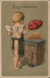 Cupid Roasts Hearts Over Fire, To My Valentine Postcard