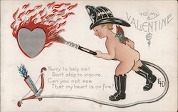 To My Valentine - Cupid Dressed as a Firefighter Putting out a Heart on Fire Postcard