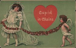 Cupid in Chains - A Girl Holding Cupid on a Chain of Flowers Postcard