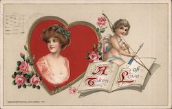 A token of love, Cupid on book, Woman in Heart Frame with roses Postcard