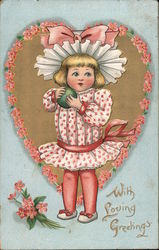 Little Girl in Dress Surrounded by Heart of Flowers, With Loving Greetings Postcard