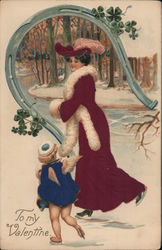 To my Valentine Woman Ice Skating with Cupid Postcard