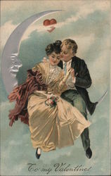Young Couple Sit Together on Crescent Moon, To My Valentine Postcard