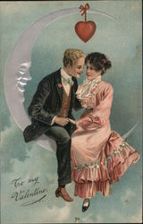 To My Valentine. Man and a Women sitting on a half moon holding hands. Postcard