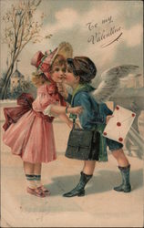 To my Valentine Cupid delivering mail, kissing girl Postcard
