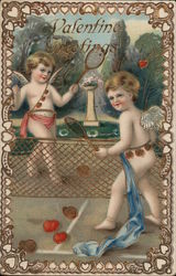 Valentine's Greetings - Cupids playing tennis with hearts Postcard