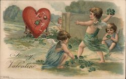 To My Valentine Cupids playing with four leaf clovers Postcard