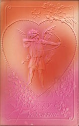 Embossed Card with Cupid Shooting Arrow in a Heart Surrounded by Flowers Postcard