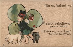 Cupid dressed as a leprechaun with pigs in front of a shamrock Postcard