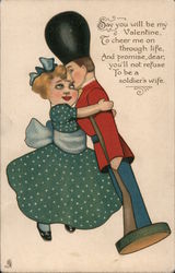 Girl holding a toy soldier. Postcard