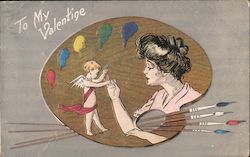 To my Valentine Woman and Cupid, Paints on a pallet Postcard