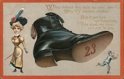 Woman and Large boot with "23" on bottom kicking small man Postcard