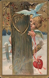 To My Valentine Cupid behind a Tree trunk Postcard