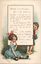 Boy holding flowers, girl sitting on ground with inkwell and pen Postcard