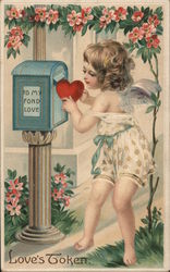Love's Token - Cupid Putting a Heart Valentine in a Mailbox Postcard