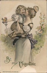 Be My Valentine - A Woman Lifts a Small Child Who Holds a Bunch of Flowers Postcard