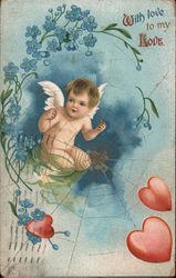 With love to my Love Cupid with Spider Web and Hearts and Blue Flowers Postcard