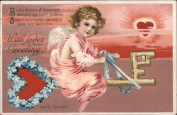 With Love's Greeting- Cupid on key with hear wreath Ellen Clapsaddle Postcard Postcard Postcard