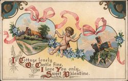 Cupid holding a cottage in a heart and a castle in another heart Postcard
