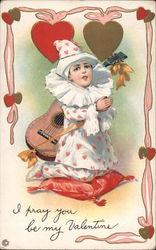 Child in Prayer on Pillow, Guitar on Back, I Pray You Be My Valentine Postcard