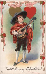 Boy playing a mandolin wearing a blanket and sombrero with hearts and ribbons Postcard