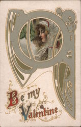 Be my Valentine. Art Deco design with a girls picture Postcard