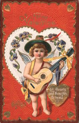 To my Valentine Let Hearts and Thoughts Entwine- Cupid playing Guitar Postcard Postcard Postcard