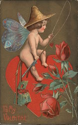 Cupid Sits on a Heart with a Fishing Pole, Roses, To My Valentine Postcard