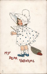 My Dear Valentin Girl with white bonnet holding a net with a heart Postcard