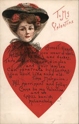 To My Valentine - Woman with Veil Behind Large Heart with Poem Postcard