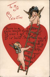 To My Valentine - Fairy Climbing Ladder to Another Fairy, in Front of a Big Heart with a Poem On It. Cupid H. B. Griggs (HBG) Po Postcard