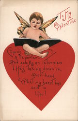 To My Valentine: Cupid writes in a notebook as a reporter Postcard