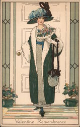 Art Deco Valentine Remembrance Woman walking out of door Postcard